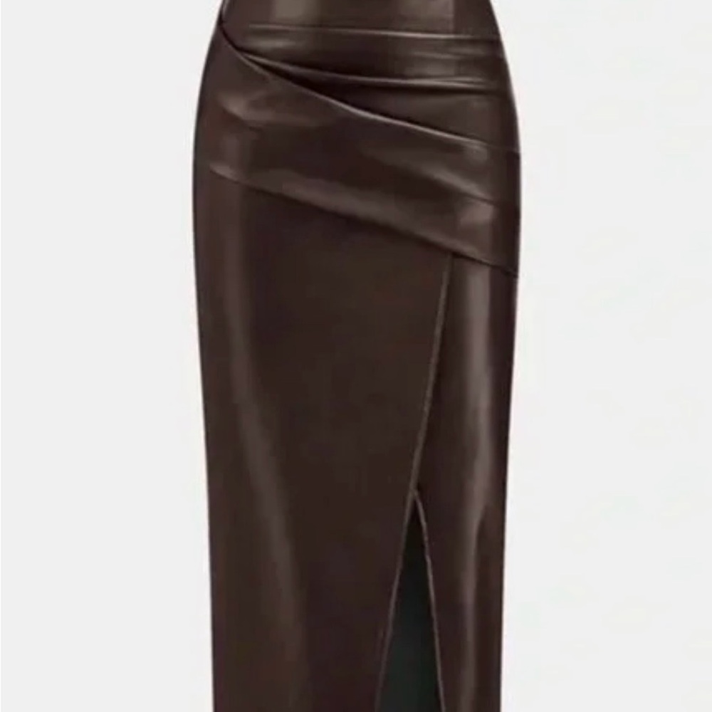Commense Faux Leather Maxi Skirt Brown High Waist Slit NWT Size M